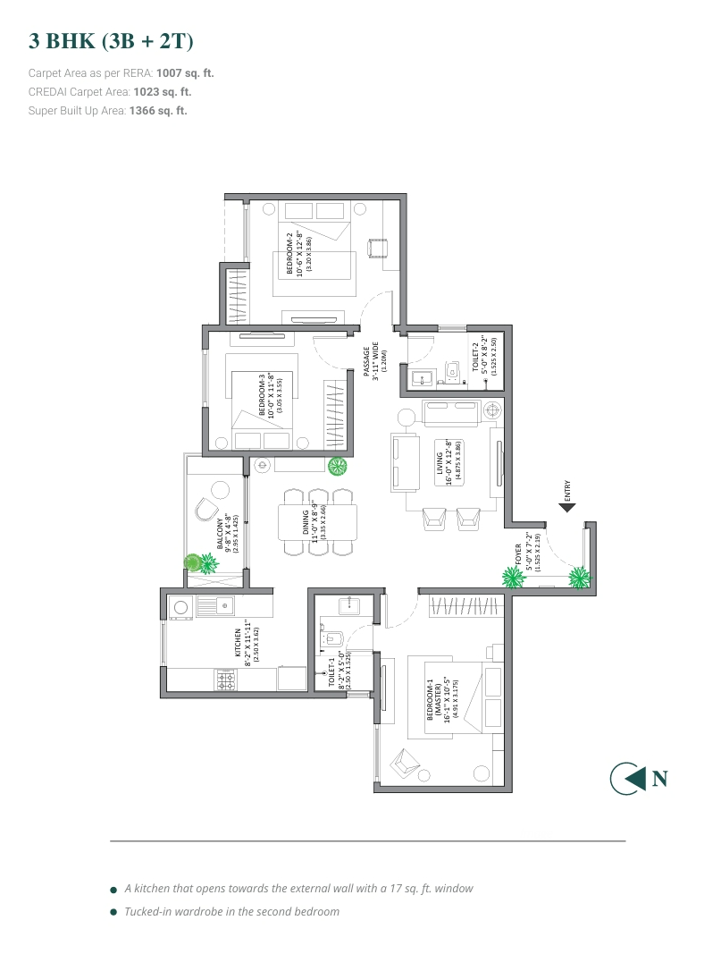 3 BHK — 1366 sqft